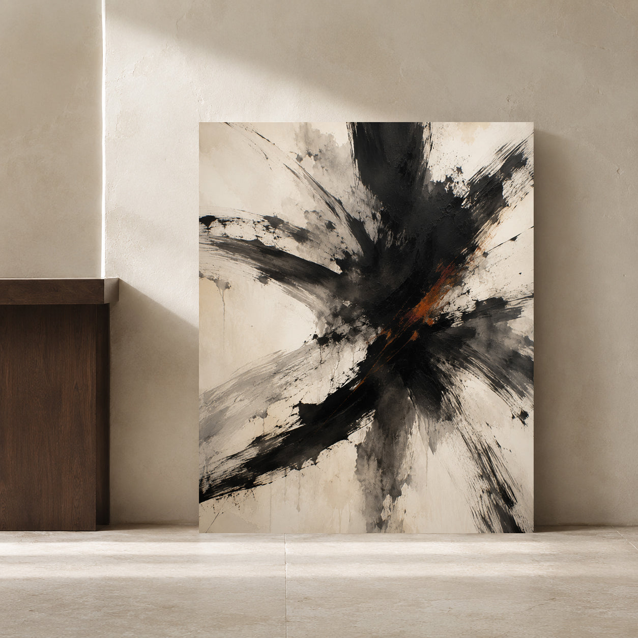 Fractured Motion Black and Ivory Expressive Abstract Canvas Art