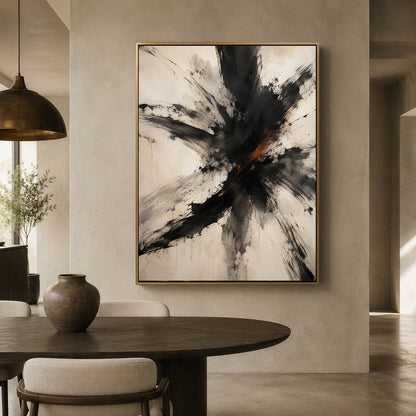 Fractured Motion Black and Ivory Expressive Abstract Canvas Art