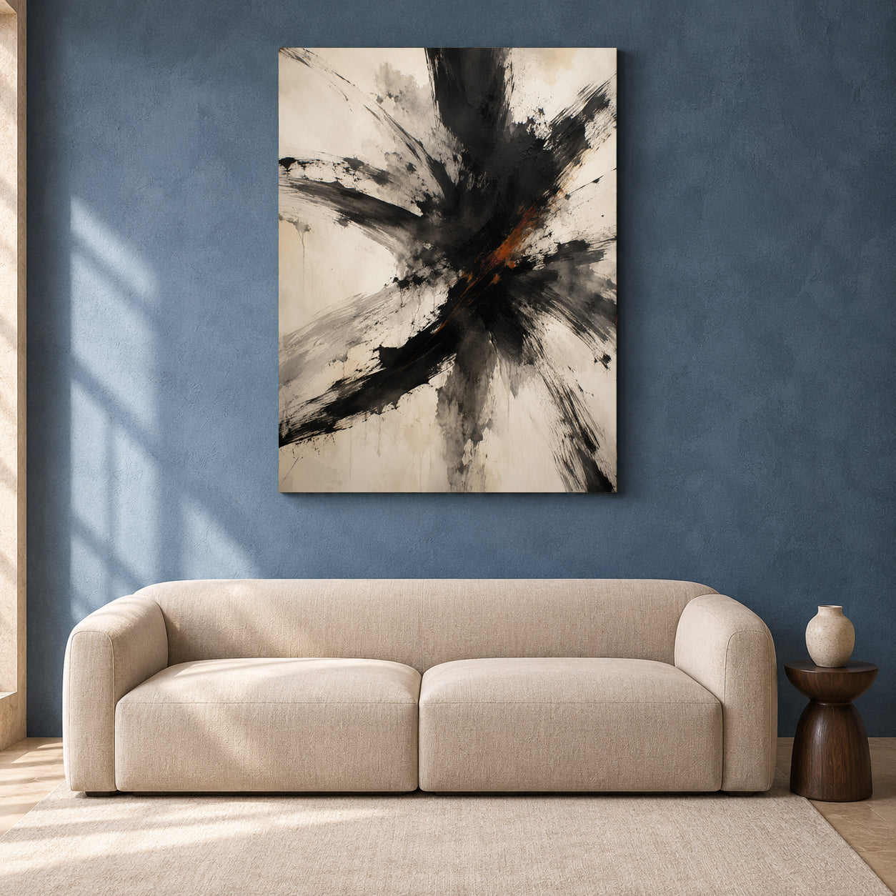 Fractured Motion Black and Ivory Expressive Abstract Canvas Art