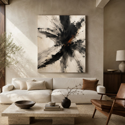 Fractured Motion Black and Ivory Expressive Abstract Canvas Art