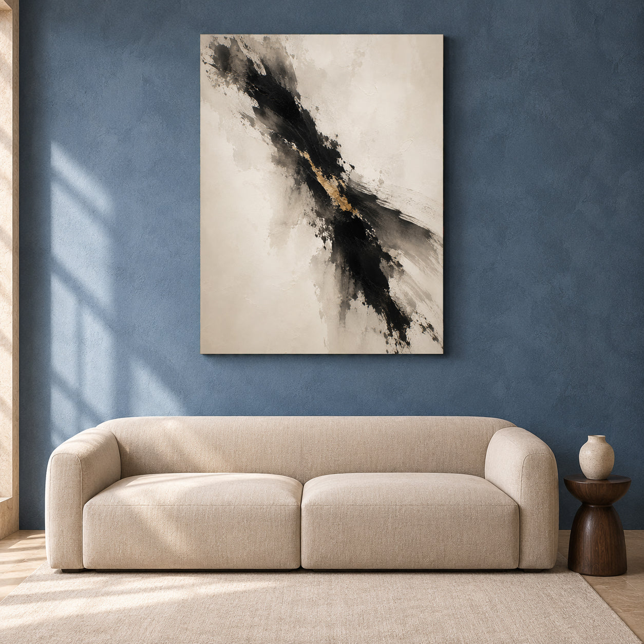 Golden Rift Black and Ivory Textured Abstract Canvas Art