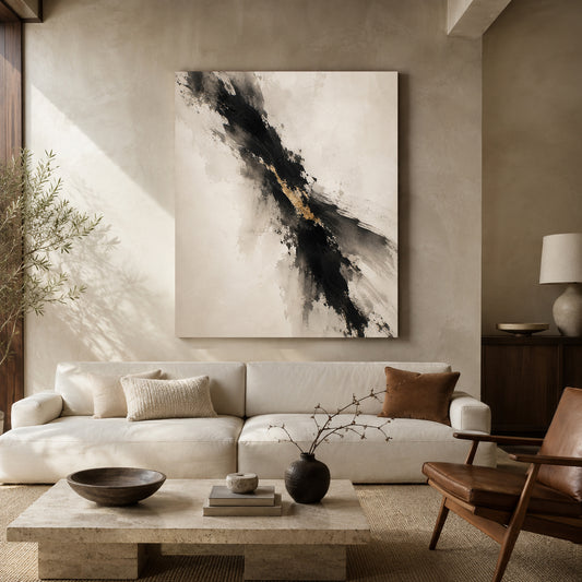 Golden Rift Black and Ivory Textured Abstract Canvas Art