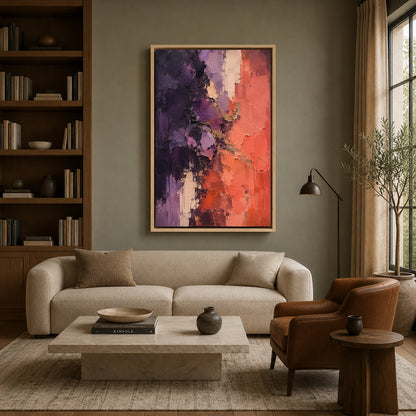 Purple and Coral Textured Abstract Canvas Wall Art for Modern Interiors