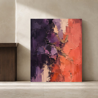 Purple and Coral Textured Abstract Canvas Wall Art for Modern Interiors