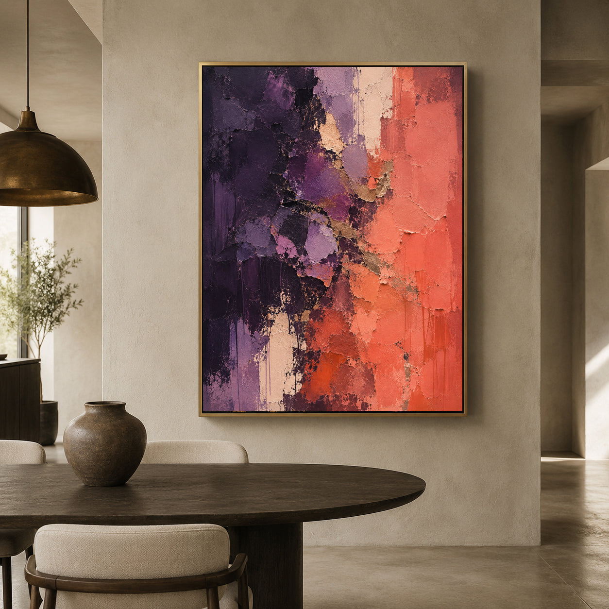 Purple and Coral Textured Abstract Canvas Wall Art for Modern Interiors