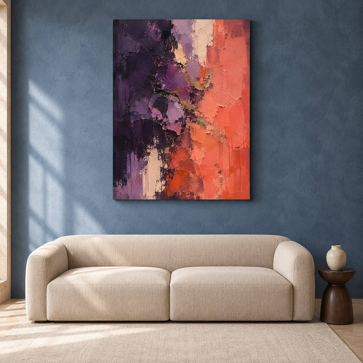 Purple and Coral Textured Abstract Canvas Wall Art for Modern Interiors