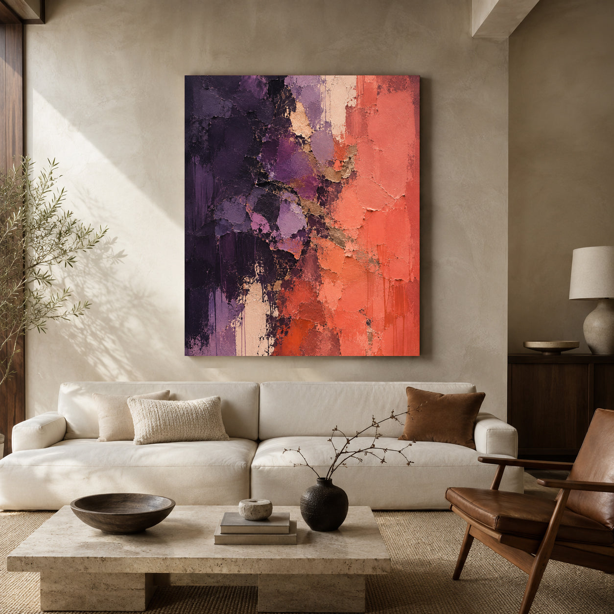 Purple and Coral Textured Abstract Canvas Wall Art for Modern Interiors