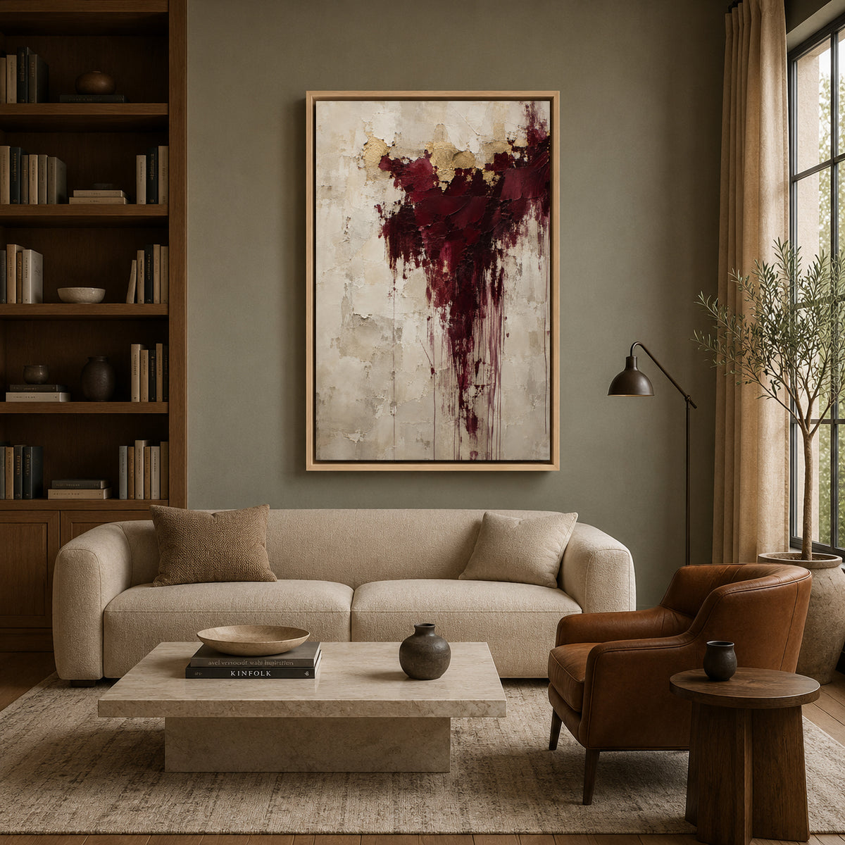 Burgundy and Gold Textured Abstract Canvas Wall Art with Neutral Tones