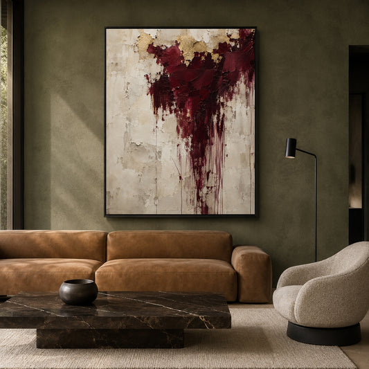 Burgundy and Gold Textured Abstract Canvas Wall Art with Neutral Tones
