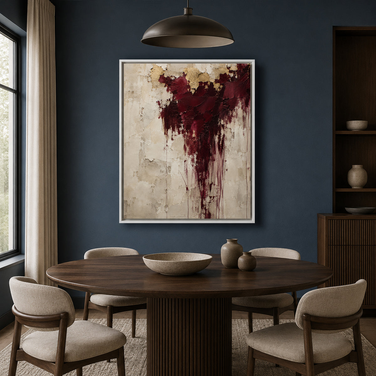Burgundy and Gold Textured Abstract Canvas Wall Art with Neutral Tones