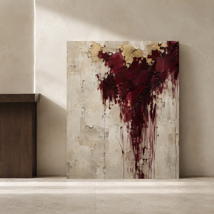 Burgundy and Gold Textured Abstract Canvas Wall Art with Neutral Tones