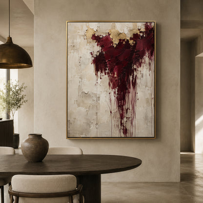 Burgundy and Gold Textured Abstract Canvas Wall Art with Neutral Tones