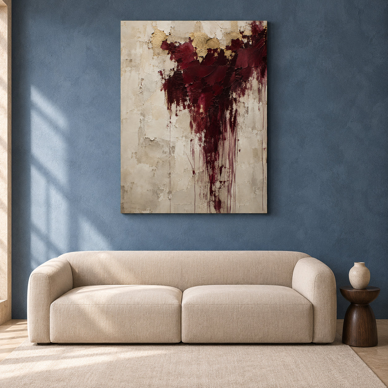 Burgundy and Gold Textured Abstract Canvas Wall Art with Neutral Tones