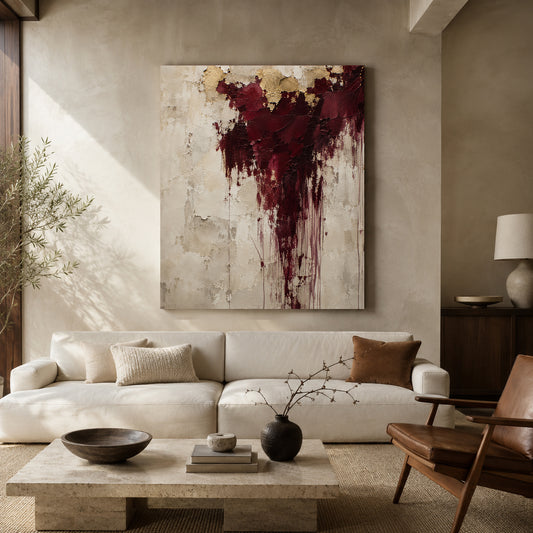 Burgundy and Gold Textured Abstract Canvas Wall Art with Neutral Tones