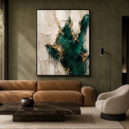Emerald Green and Gold Textured Abstract Canvas Wall Art for Modern Interiors