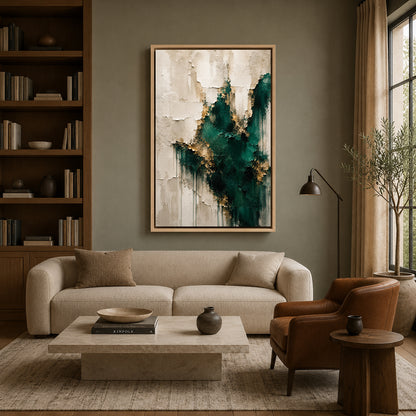 Emerald Green and Gold Textured Abstract Canvas Wall Art for Modern Interiors