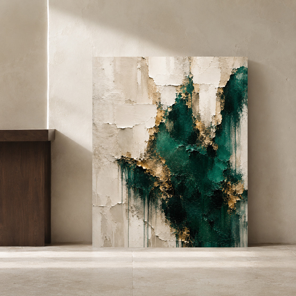 Emerald Green and Gold Textured Abstract Canvas Wall Art for Modern Interiors