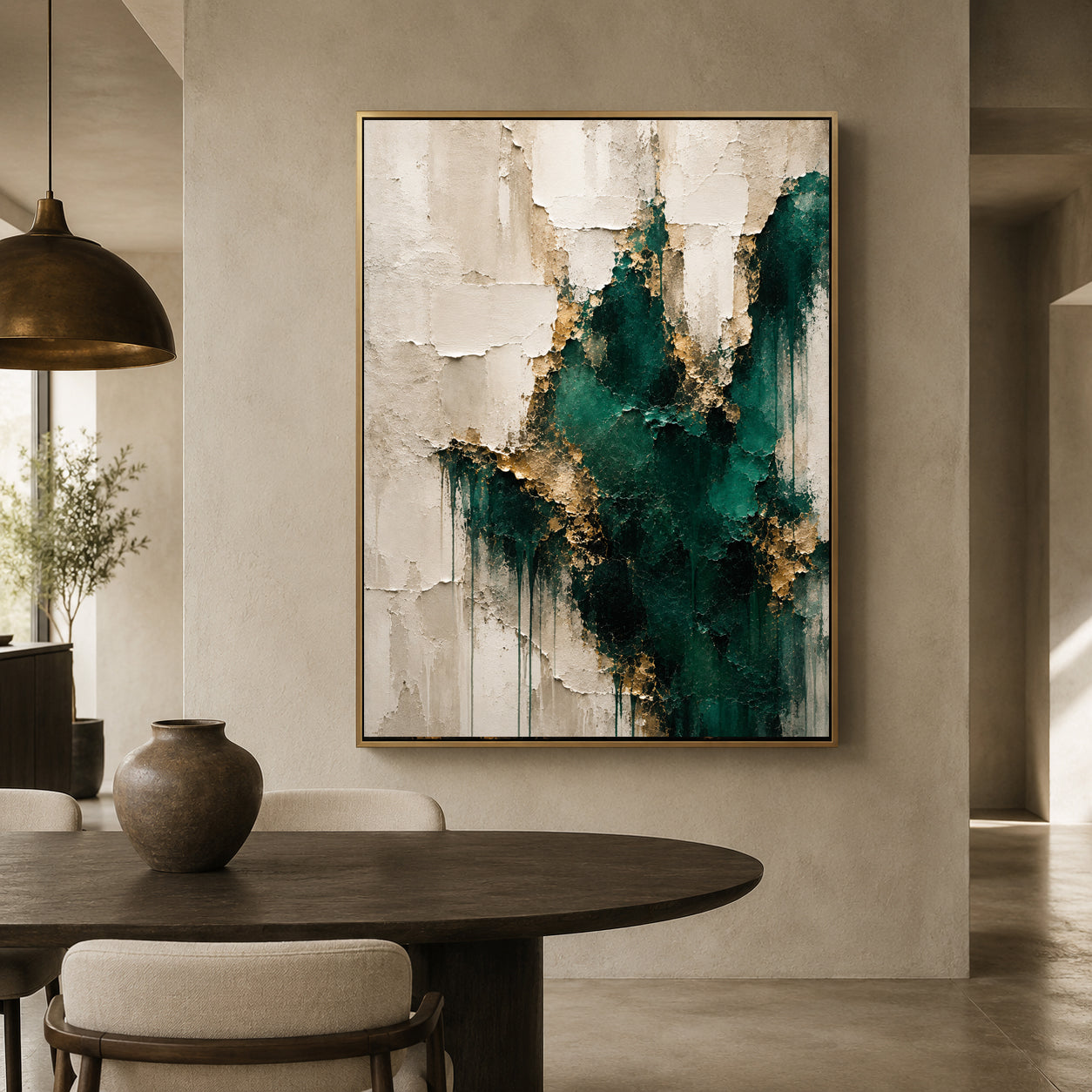 Emerald Green and Gold Textured Abstract Canvas Wall Art for Modern Interiors