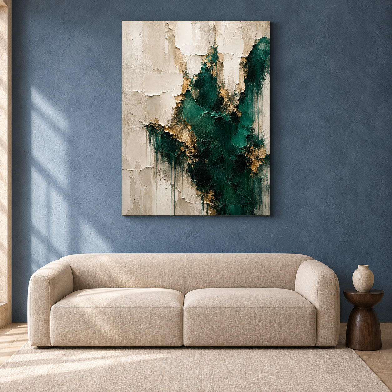 Emerald Green and Gold Textured Abstract Canvas Wall Art for Modern Interiors