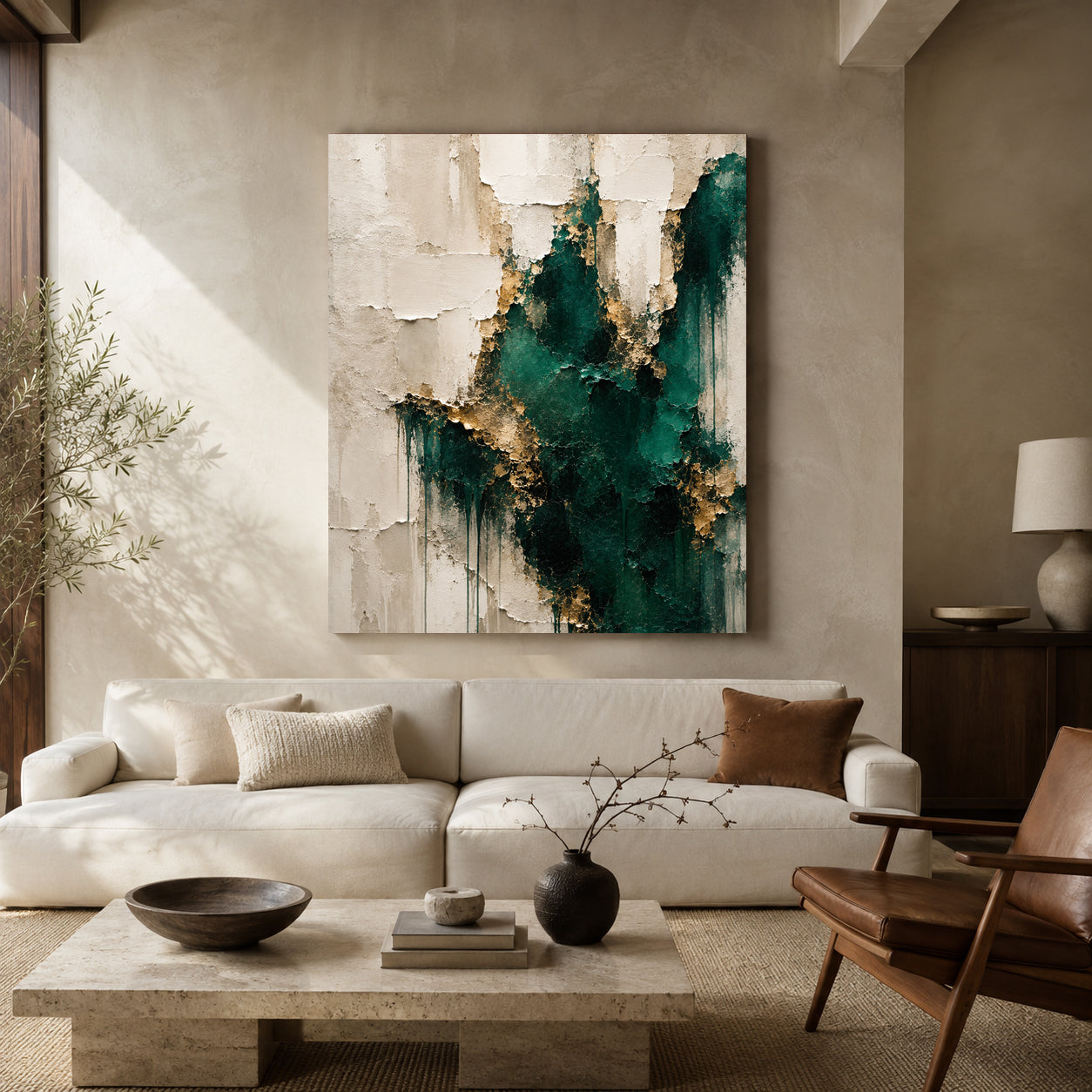 Emerald Green and Gold Textured Abstract Canvas Wall Art for Modern Interiors