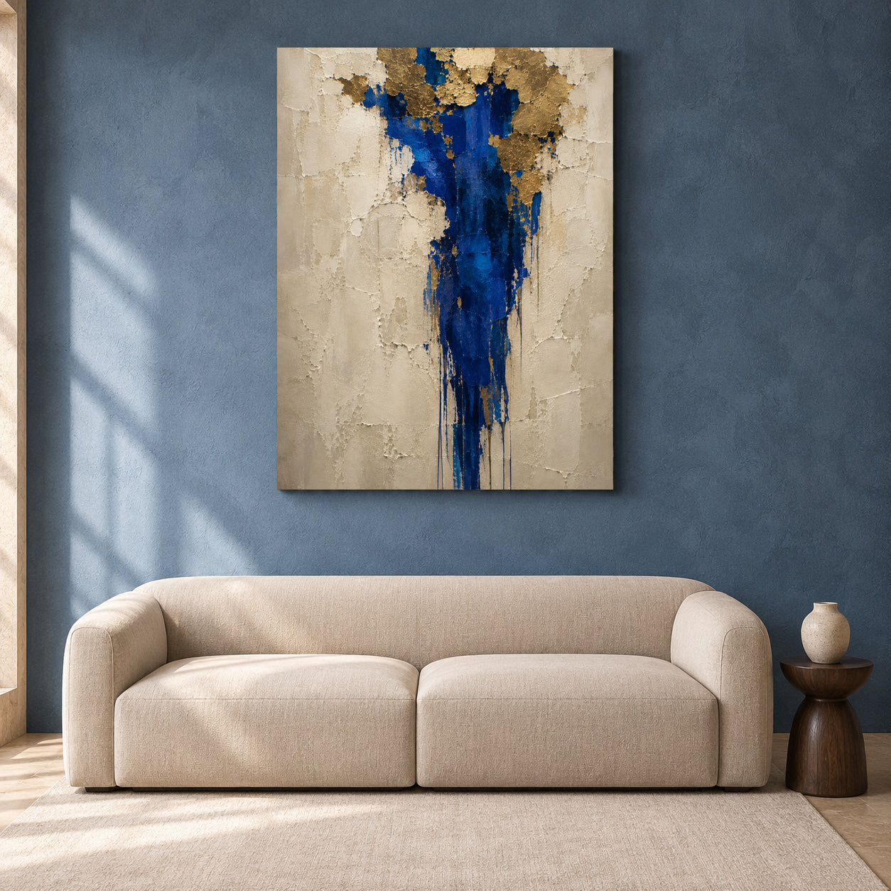 Royal Blue and Gold Textured Abstract Canvas Wall Art