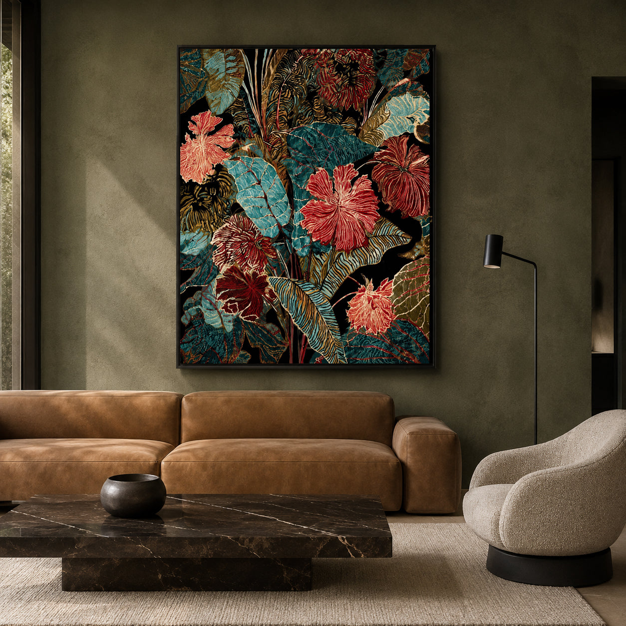 Teal and Burgundy Tropical Floral Canvas Wall Art