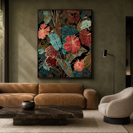 Teal and Burgundy Tropical Floral Canvas Wall Art