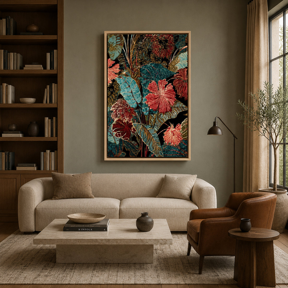 Teal and Burgundy Tropical Floral Canvas Wall Art