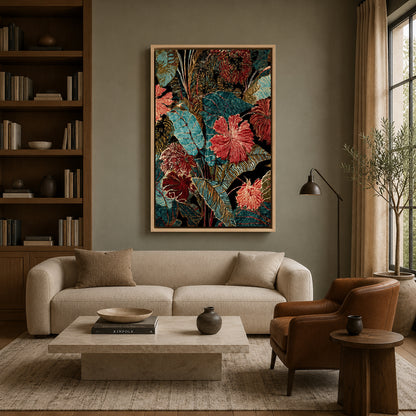 Teal and Burgundy Tropical Floral Canvas Wall Art