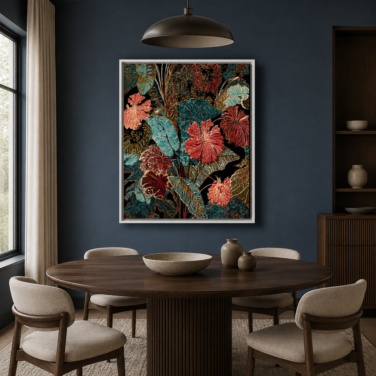 Teal and Burgundy Tropical Floral Canvas Wall Art