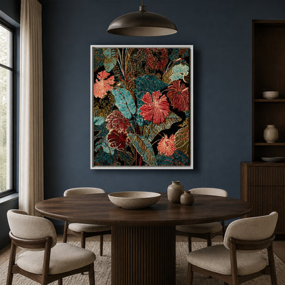 Teal and Burgundy Tropical Floral Canvas Wall Art