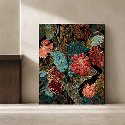 Teal and Burgundy Tropical Floral Canvas Wall Art