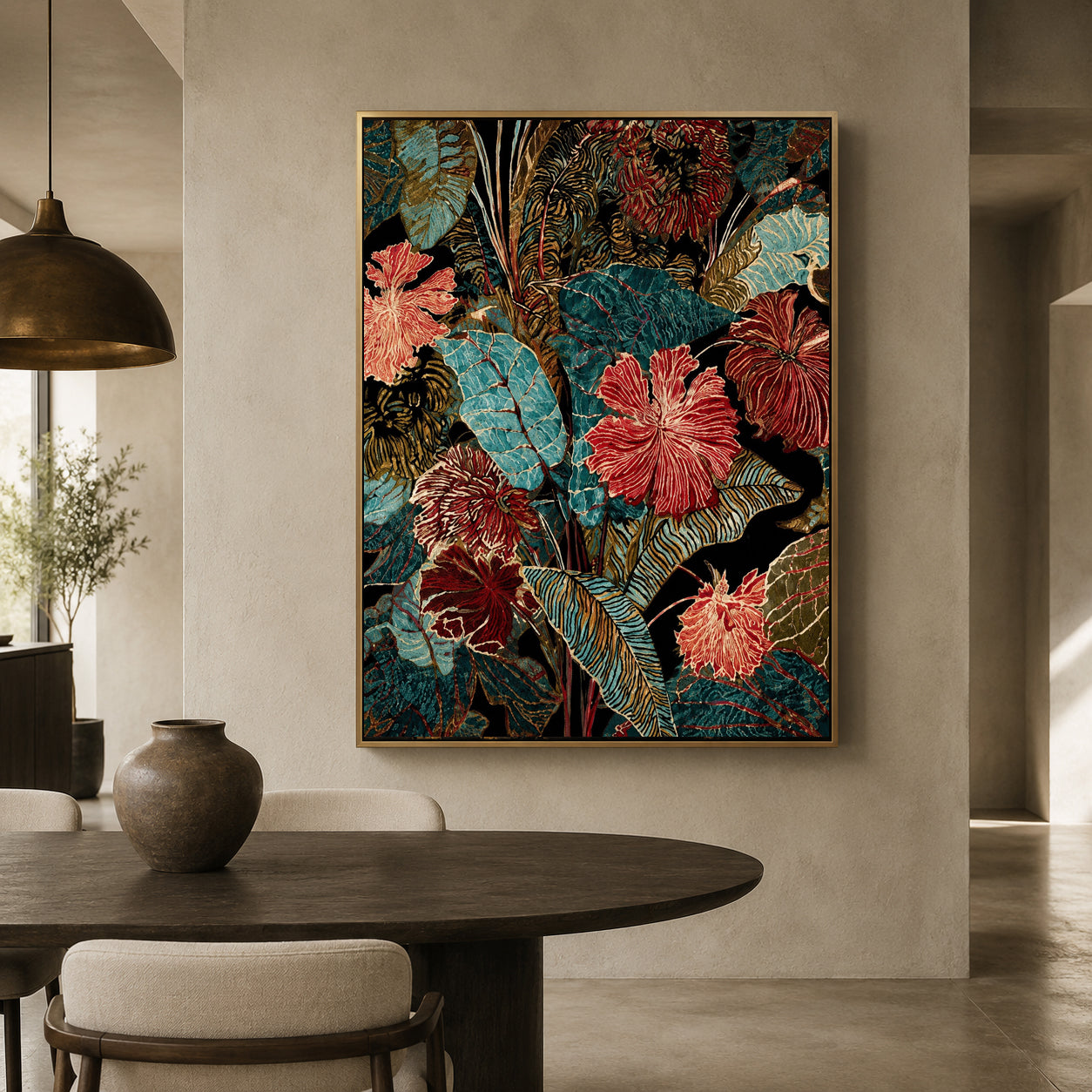 Teal and Burgundy Tropical Floral Canvas Wall Art