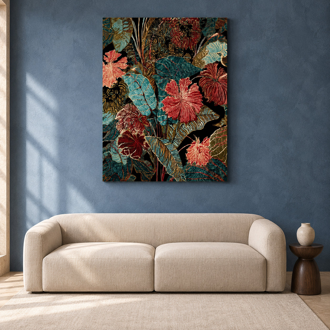 Teal and Burgundy Tropical Floral Canvas Wall Art