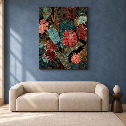 Teal and Burgundy Tropical Floral Canvas Wall Art