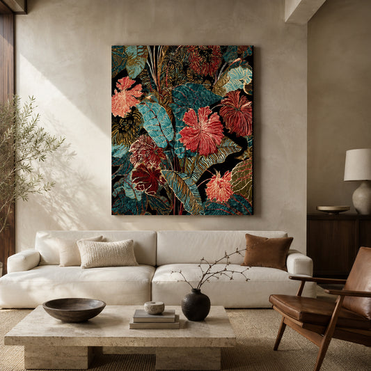 Teal and Burgundy Tropical Floral Canvas Wall Art