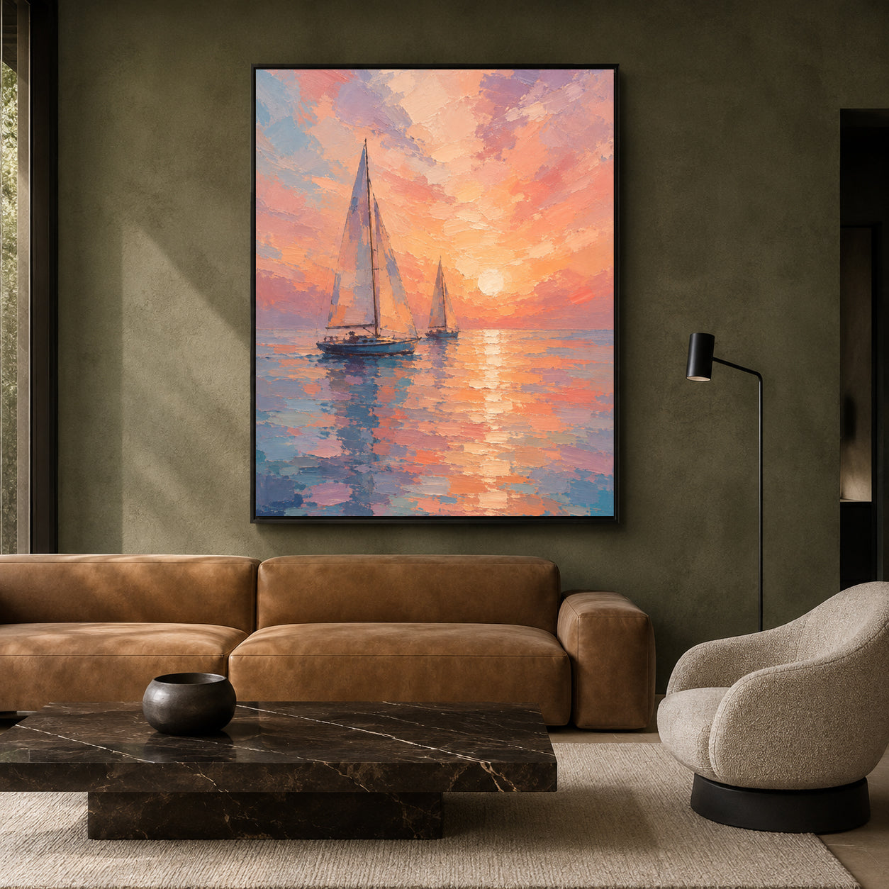 Pastel Sunset Sailboat Seascape Canvas Wall Art for Modern Interiors