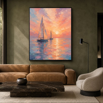 Pastel Sunset Sailboat Seascape Canvas Wall Art for Modern Interiors