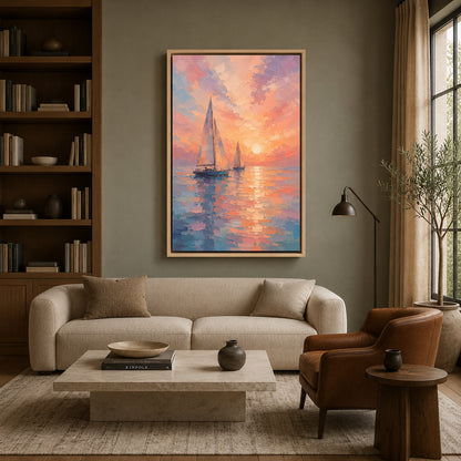Pastel Sunset Sailboat Seascape Canvas Wall Art for Modern Interiors