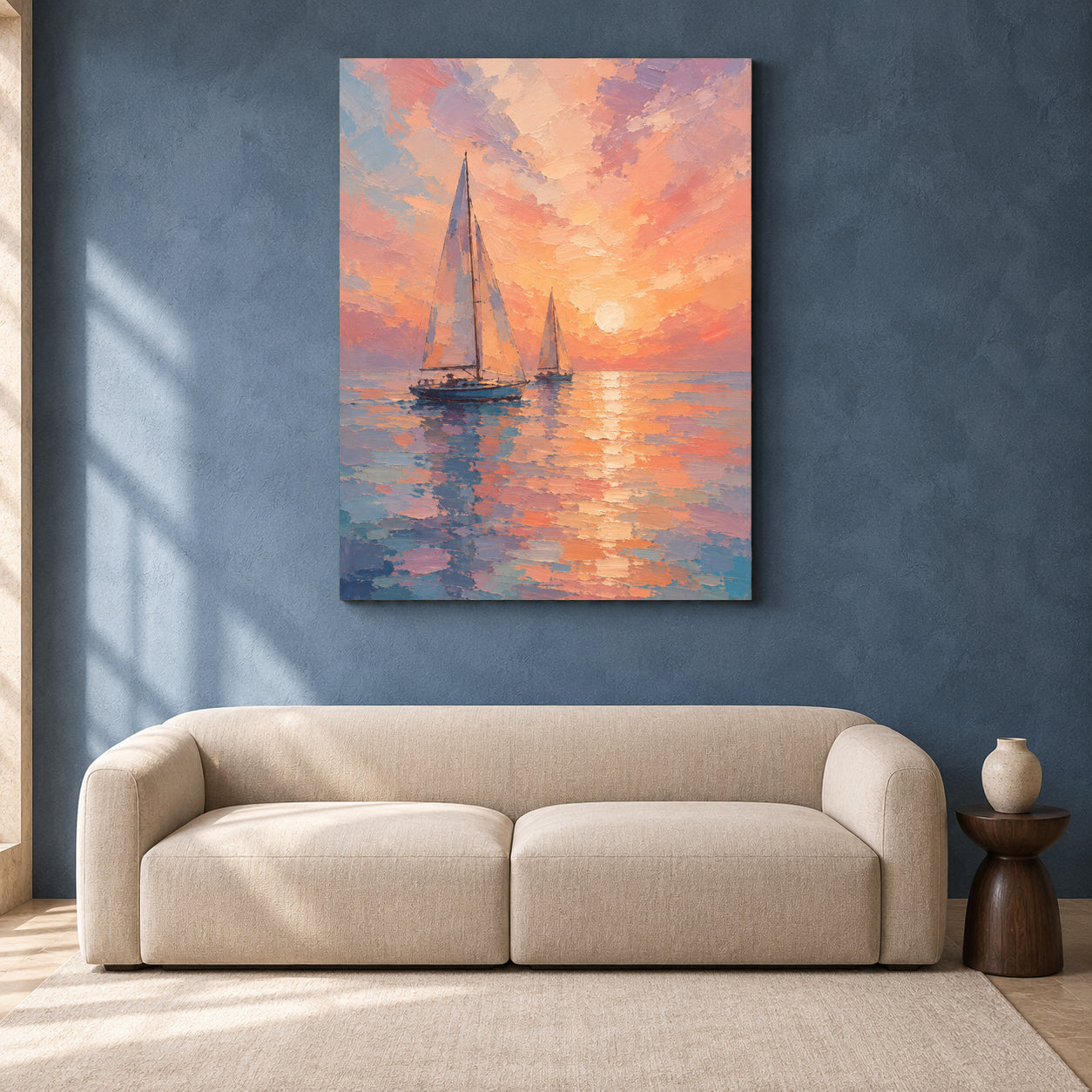 Pastel Sunset Sailboat Seascape Canvas Wall Art for Modern Interiors