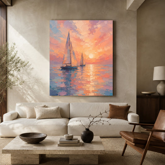 Pastel Sunset Sailboat Seascape Canvas Wall Art for Modern Interiors