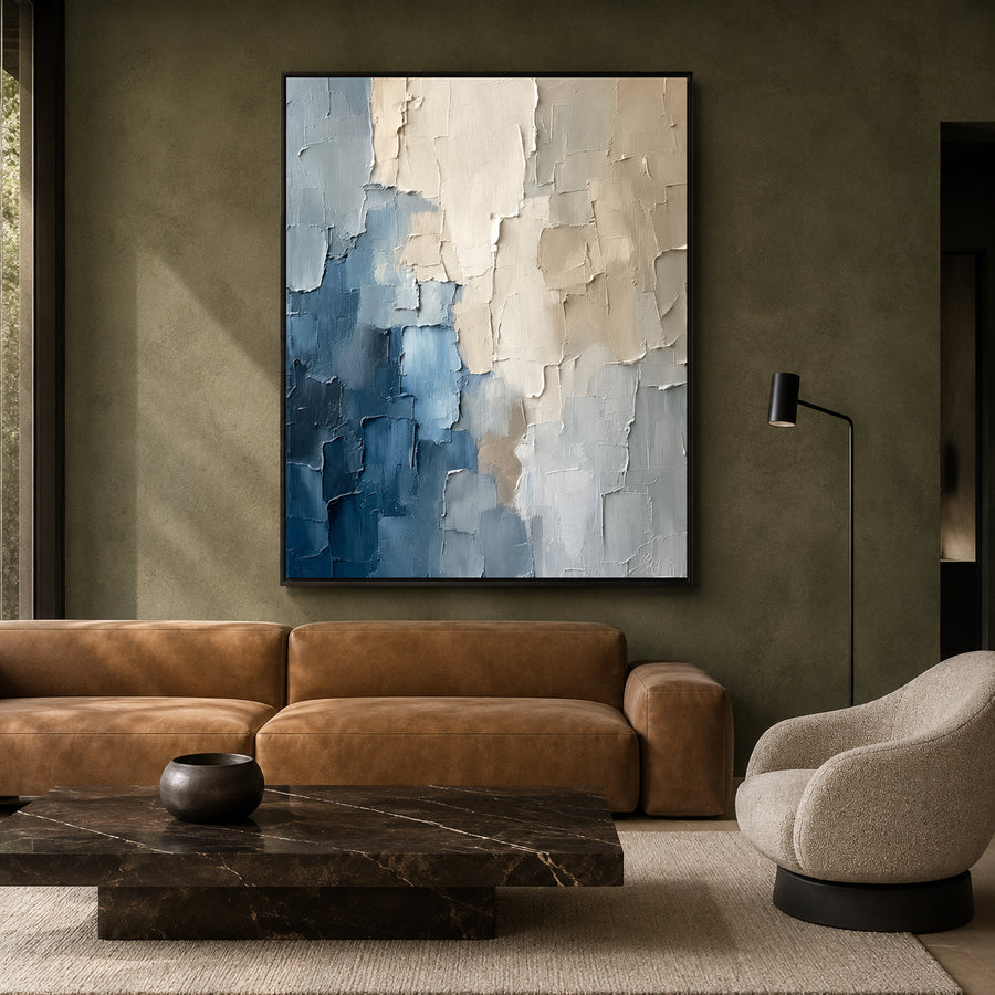 Blue and Ivory Abstract Textured Canvas Wall Art for Modern Interiors