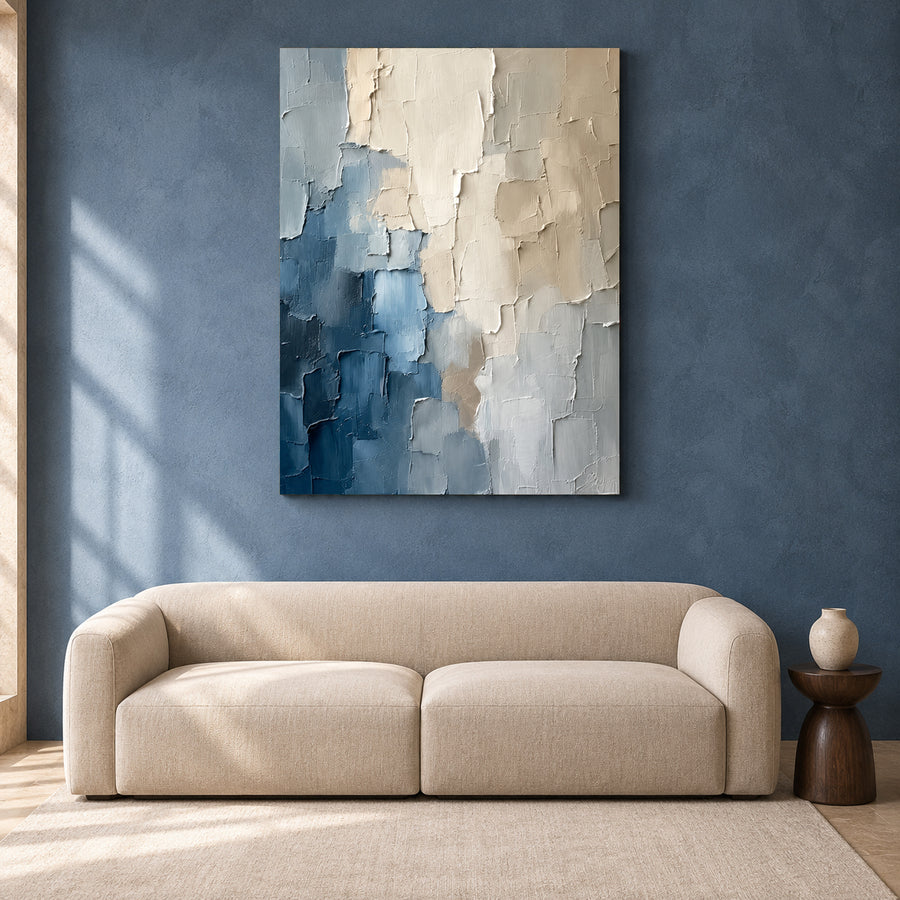 Blue and Ivory Abstract Textured Canvas Wall Art for Modern Interiors