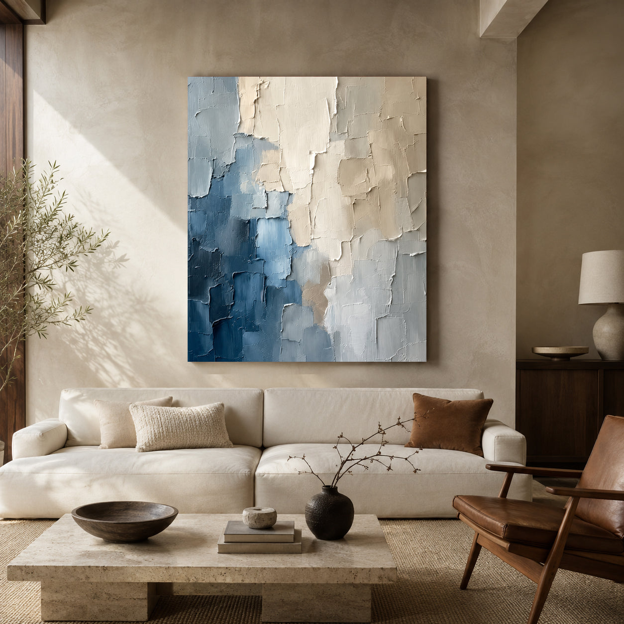 Blue and Ivory Abstract Textured Canvas Wall Art for Modern Interiors