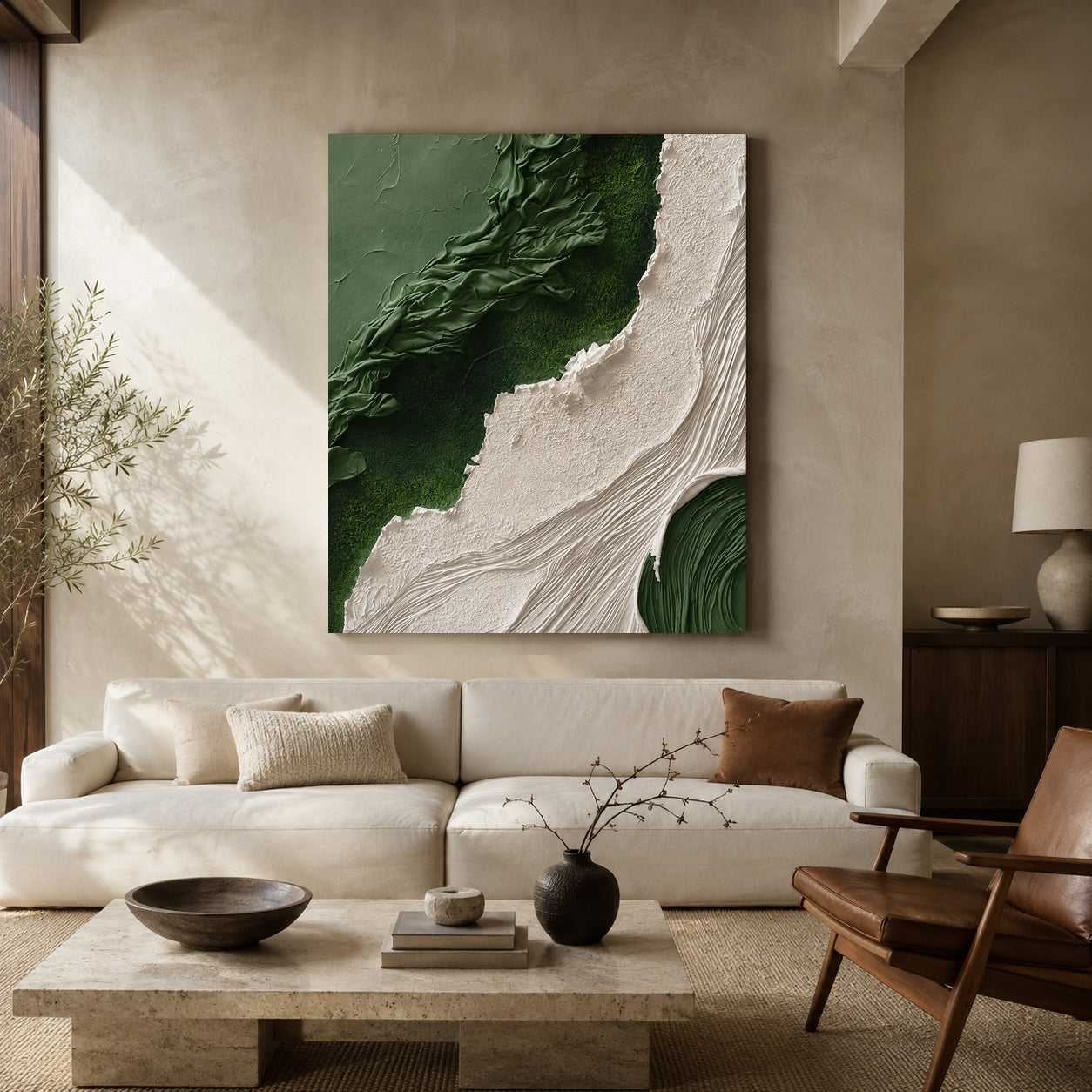 Green and Ivory Abstract Textured Canvas Wall Art