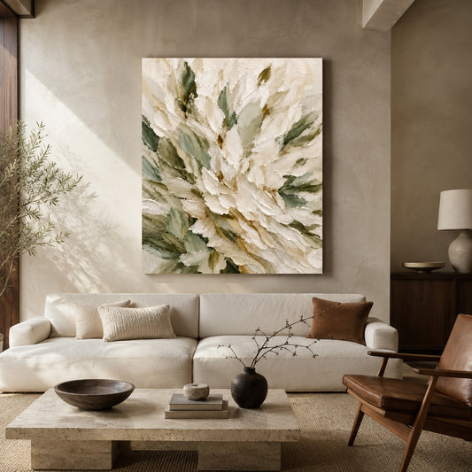 White Floral Abstract Textured Canvas Wall Art