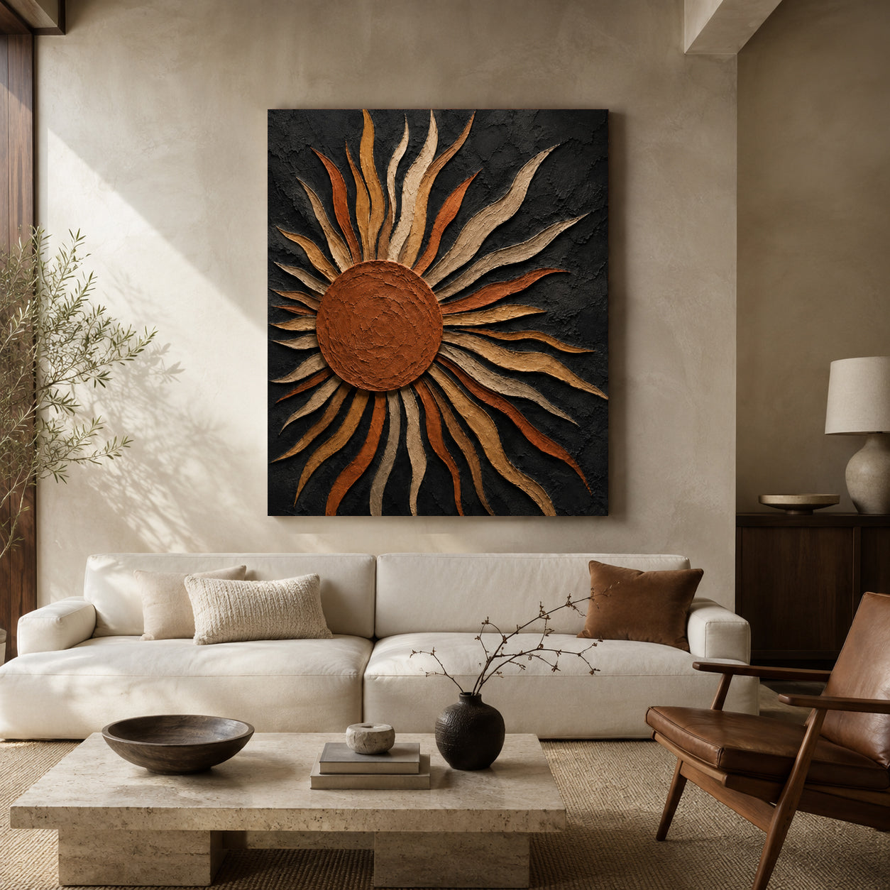 Black and Bronze Sun Abstract Textured Canvas Wall Art for Modern Interiors