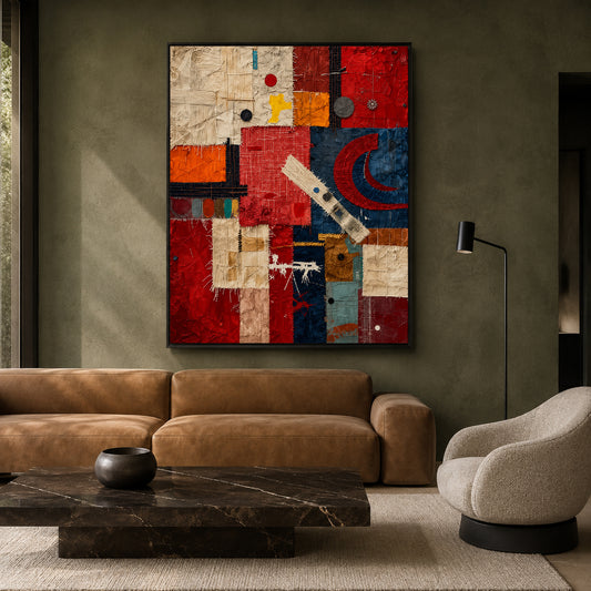 Red Blue Abstract Mixed Media Textured Canvas Wall Art