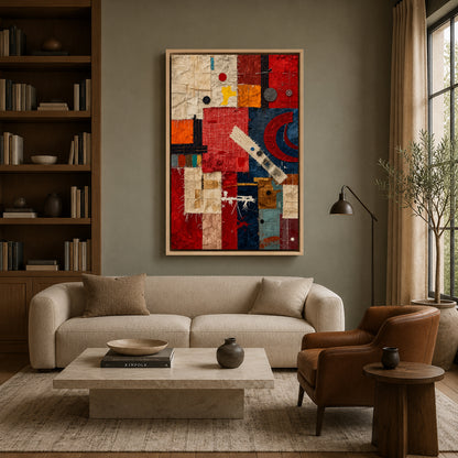 Red Blue Abstract Mixed Media Textured Canvas Wall Art