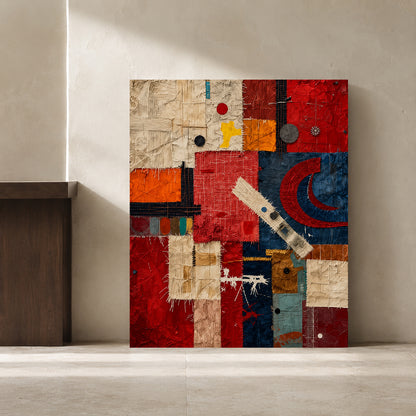 Red Blue Abstract Mixed Media Textured Canvas Wall Art